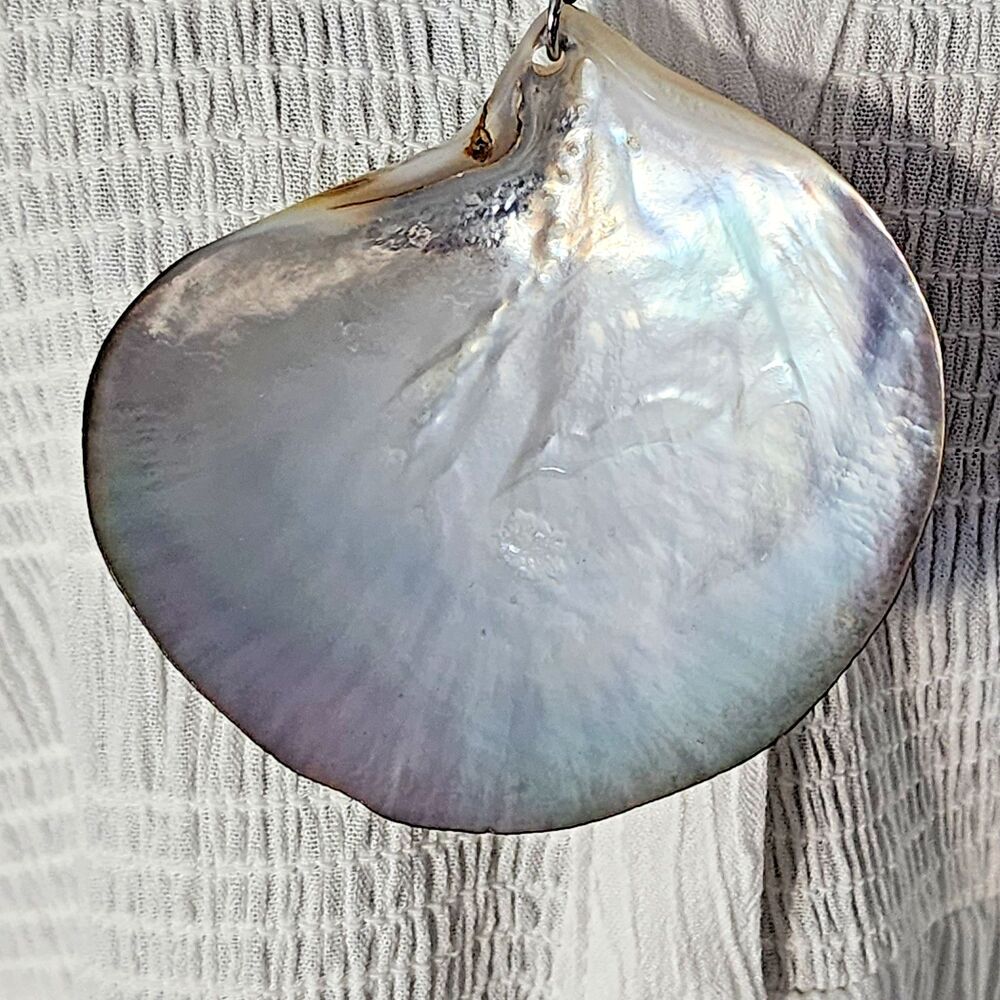 Coastal Boho Natural Shell Pendant 24" Necklace Large Iridescent Mother of Pearl
